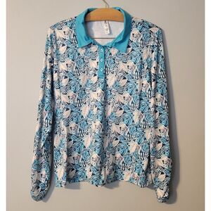 Kyodan Long Sleeve Golf Polo Top Blue Multi UPF 50+ Tropical Print Large